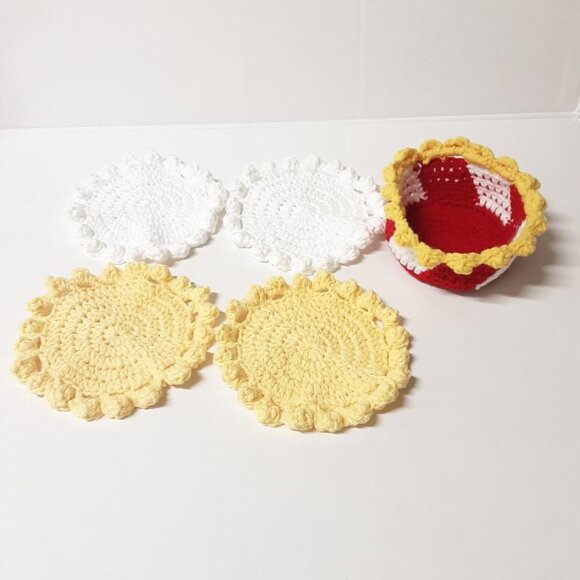 Handmade Crochet Popcorn Coaster Set with Red & White Striped Basket New - Picture 8 of 8